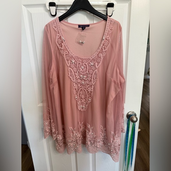 Women’s Roaman's pink Sheer Arm Beaded Romantic blouse Shirt Lace 22W NWOT - Picture 1 of 6